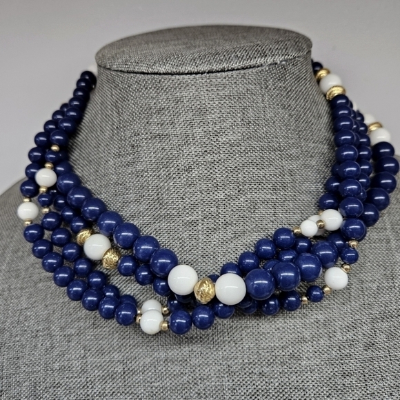 VINTAGE Multi-Strand Blue & White Plastic Beaded Bead Necklace - Picture 1 of 5